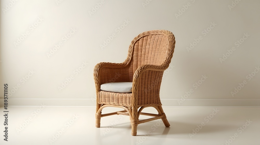 Fototapeta premium Elegant wicker chair with a cushion, showcasing a natural and minimalistic design.