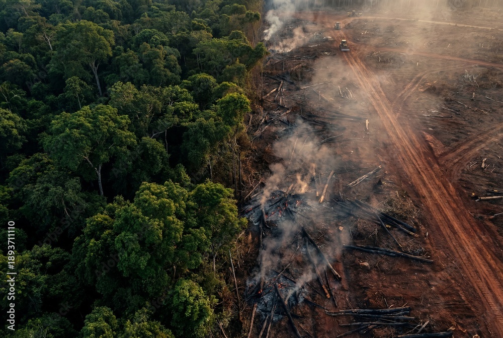 Obraz premium Aerial view of deforestation showing lush green rainforest meeting burnt land with rising smoke