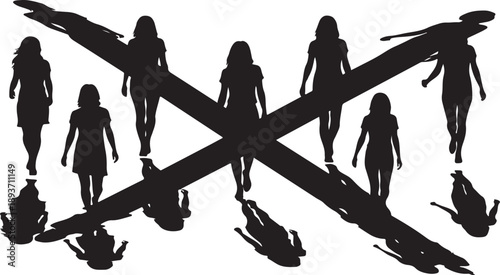 Silhouettes of women in various poses and movements together