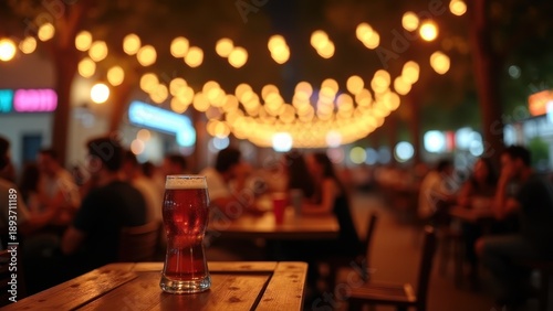 Glass of dark beer on wooden table in crowded pub with string lights bokeh, lively bar atmosphere with blurred people dining, concept of brewery, nightlife, hospitality