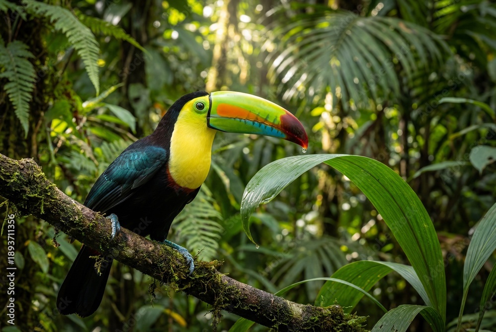 Obraz premium Colorful keel billed toucan perched on branch in rainforest