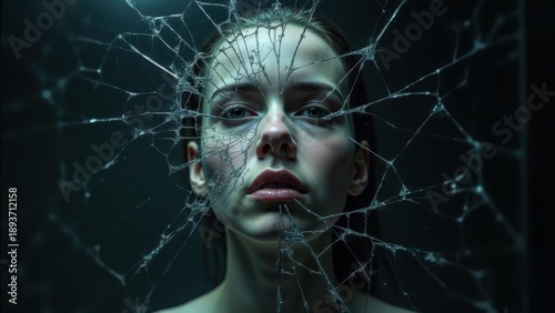Broken mirror shattered reflection fragmented, self-image distortion psychological concept, cracked glass pieces scattered dramatic, narcissism identity crisis metaphor