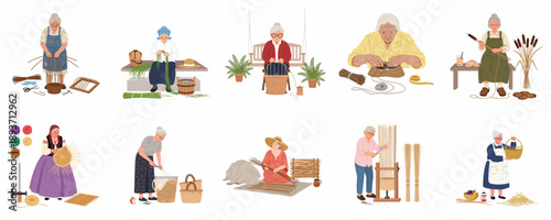 Grandmothers Weaving Traditional Handicrafts Collection: Elderly Women Making Baskets and Mats from Natural Wicker, Reed, and Straw.
