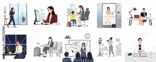 Montage of diverse professional women navigating their careers, featuring office tasks, business meetings, presentations, work-life balance, and success stories.