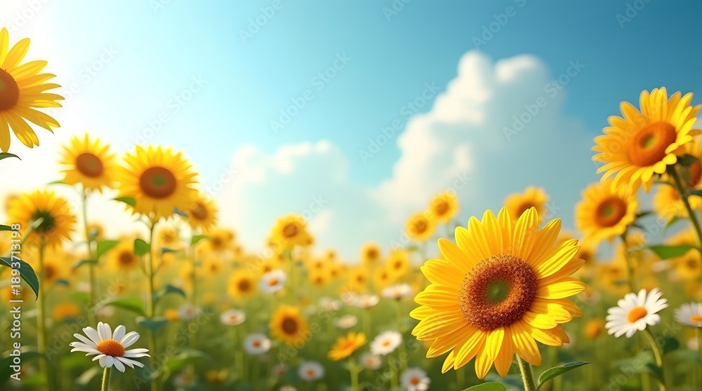 Obraz premium A vibrant field of sunflowers and daisies under a bright blue sky.