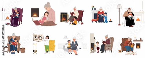 Cozy Scenes of Grandmothers Reading Stories to Grandchildren by the Fireplace: A Collection of Family Love, Tradition, and Intergenerational Bonding.