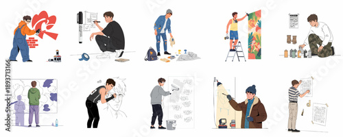 Urban Art and Graffiti Creation Process Set: Illustrations of Artists Planning, Spray Painting, Sketching, and Preparing Murals and Street Artwork.
