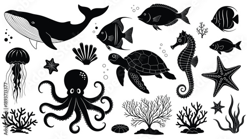 Black and white silhouettes of various sea creatures including a whale, octopus, turtle, and seahorse for marine life designs.