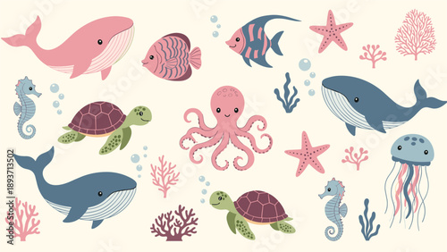 Cute underwater world scene with whales, fish, turtles, and other sea animals in soft pastel colors for children illustrations.