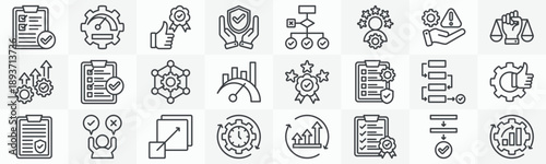 Best practices icon collection set. Containing compliance, performance, safety, methodology, expertise, risk management, ethics, efficiency icon. Simple outline vector