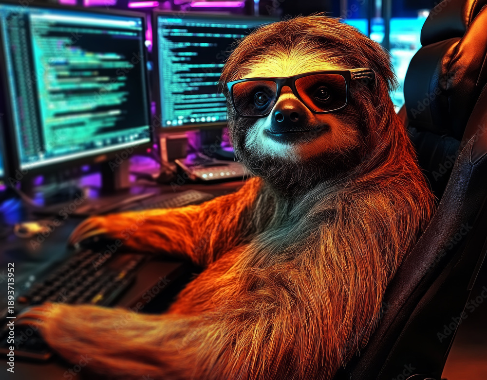 Obraz premium sloth wearing glasses, sitting in front of a computer on an office desk