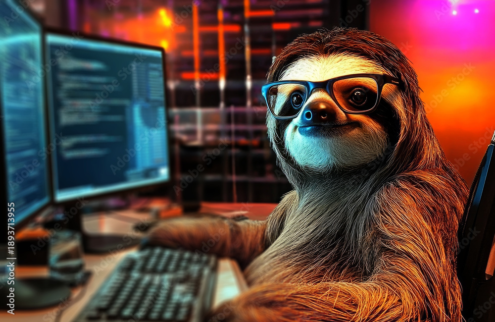Obraz premium sloth wearing glasses, sitting in front of a computer on an office desk