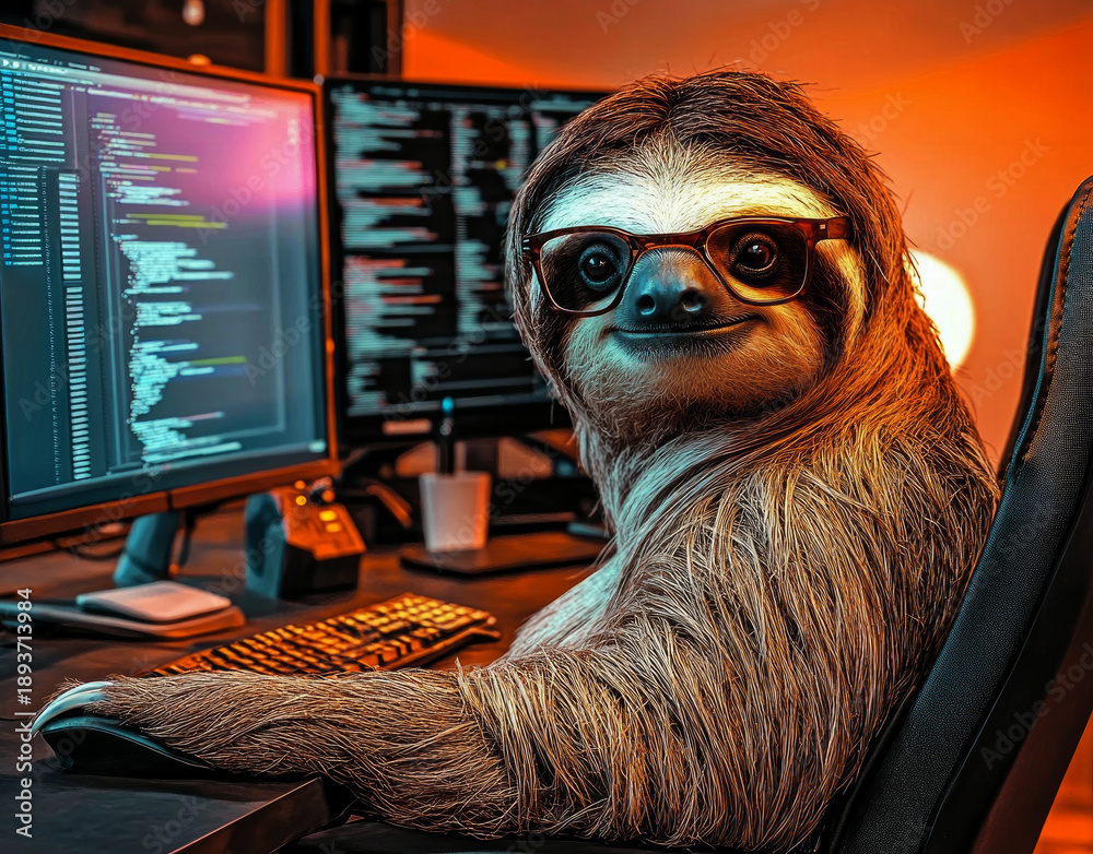 Fototapeta premium sloth wearing glasses, sitting in front of a computer on an office desk