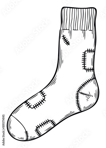 Handdrawn black outline illustration depicting a mended sock with multiple patches, ideal for sustainable fashion, homemade repair guides, and economical living concepts.