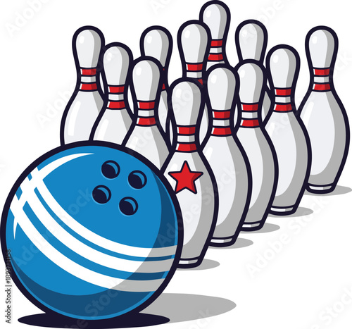 Create a realistic Bowling concept. Blue Bowling Ball and bowling pins vector art with white background..