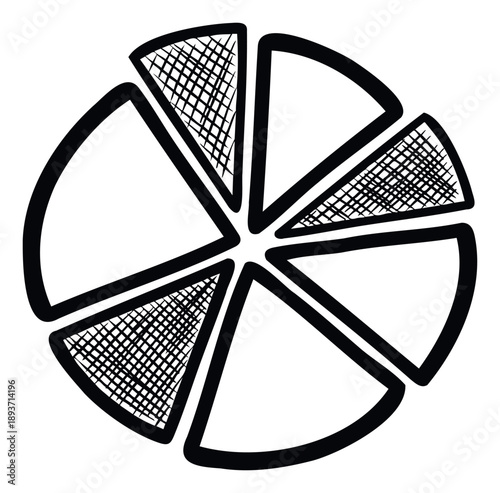 Graphic pie chart diagram with outlined slices and crosshatch shading for displaying percentage distribution in marketing and annual reports