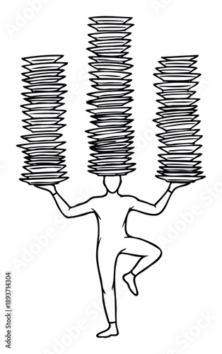 Minimalist line drawing of a person expertly balancing three precarious towering stacks of dishes, symbolizing heavy workload and maintaining stability in stressful situations for business