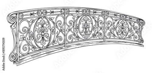 Ornate vintage wrought iron balustrade featuring intricate classical scroll and leaf motifs, perfect for architectural embellishment and historical graphic resources.
