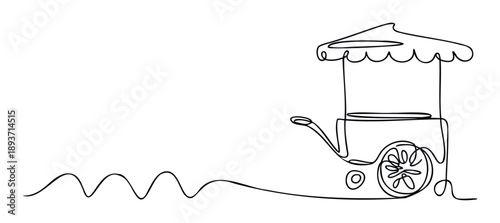 Minimalist single line drawing depicting a charming food cart with a distinctive canopy and wheels, suitable for various food service promotions or branding needs