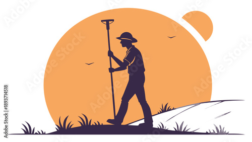 Surveyor Walking Silhouette at Sunset Land Measurement, professional land surveyor carrying measurement equipment across a flat, expansive field during a vibrant orange, golden sunset, GNSS GPS Pole 