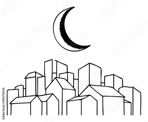 A monochromatic line drawing depicting a crescent moon hovering over an abstract collection of various city structures and residential homes, suitable for peaceful night scenes or