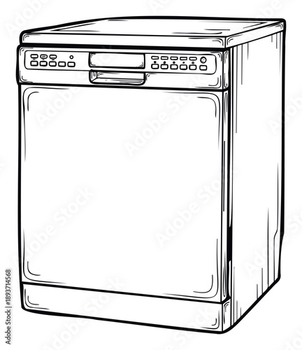 Monochrome sketch of a modern kitchen dishwasher appliance for home use, ideal for household equipment catalogs and domestic cleaning product promotions