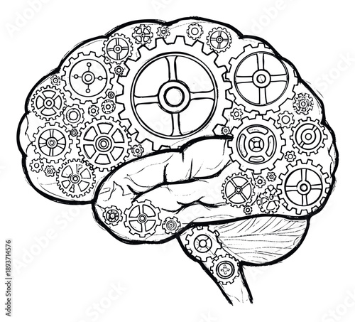 Human brain represented as a complex network of intricate gears and cogs, symbolizing thought processes and mental machinery for science, technology, or education themes.