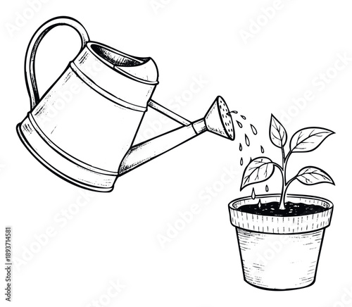 A hand drawn watering can nurtures a small potted plant, symbolizing growth and care, suitable for gardening resources, botanical themes, or environmental awareness.