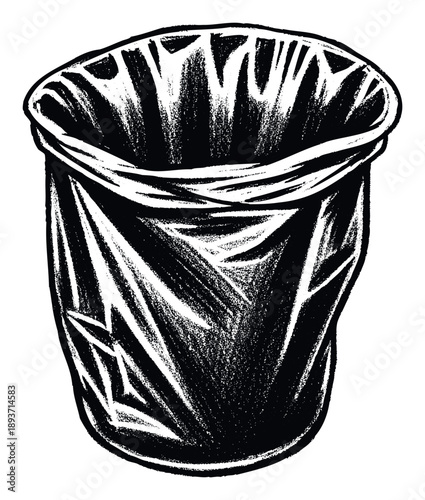 Black trash bag liner with textured details, representing waste collection, environmental concerns, and everyday household disposal for various contemporary projects.