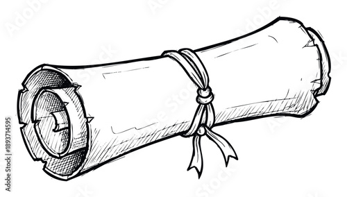 Hand drawn sketch of an old paper scroll tied with a bow, ideal for historical document representations, treasure maps, ancient texts, or certificate designs