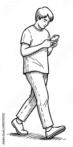 Young man walking and looking down at his smartphone, representing modern digital life, mobile device usage, and urban pedestrian habits for various media projects