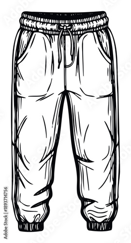 Comfortable black and white handdrawn sketch of sweatpants with elastic waist and drawstring perfect for casual apparel design projects or clothing advertisements