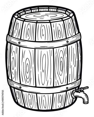 A classic black and white line drawing of a rustic wooden barrel with a spigot, perfect for vintage beverage labels, brewery logos, or winery marketing materials.
