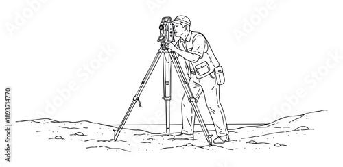 A professional land surveyor meticulously operates a total station instrument mounted on a sturdy tripod outdoors, perfect for engineering, construction, and urban planning visuals.