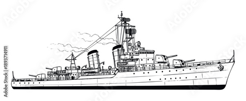 Monochrome schematic of a robust military warship, possibly a destroyer or frigate, equipped with multiple gun turrets, radar, and smokestacks, ideal for historical studies, defense