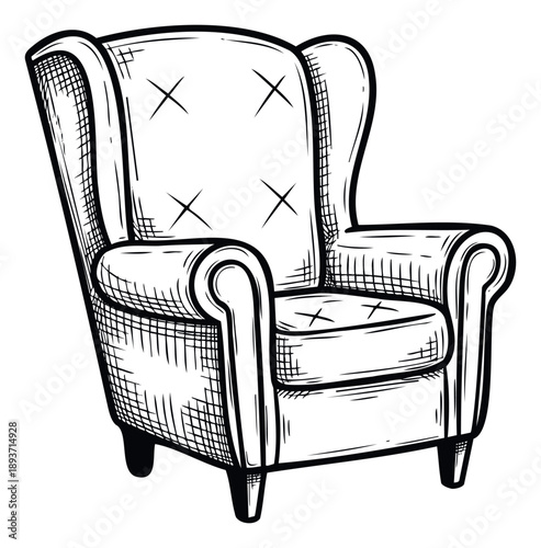 A classic handdrawn wingback armchair with button tufting, ideal for showcasing traditional furniture styles in home decor publications and presentations.