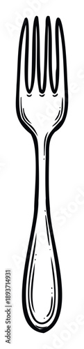 Stylized hand drawn three prong dinner fork utensil graphic for kitchenware branding, restaurant menus, cooking blogs, culinary arts, and food related promotional materials.