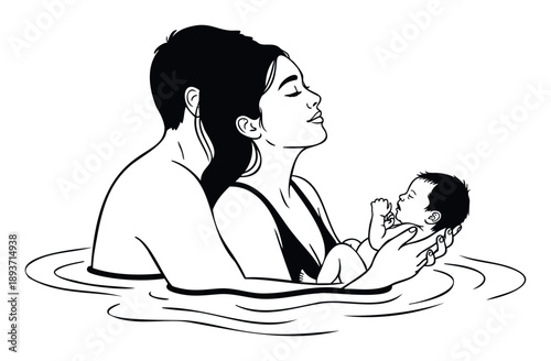 A loving family shares an intimate water moment with their newborn baby, symbolizing new beginnings and parental bonding for maternity, parenting, or family healthcare promotions.