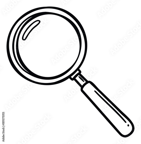 A simple black line drawing of a classic magnifying glass symbol for searching and analyzing information, ideal for educational materials or user interface icons