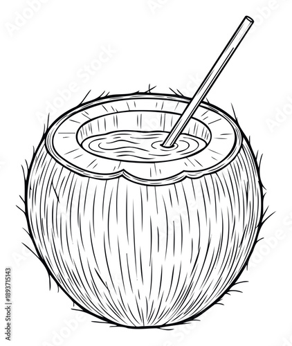 Refreshing fresh young coconut drink with an inserted straw, ideal for tropical beverage menus, summer travel promotions, or natural health food branding and product packaging
