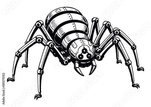 Robotic mechanical spider with articulated legs and a segmented body representing futuristic technology and engineering for scifi themes and industrial design projects