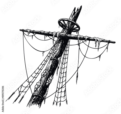 Weathered ship mast with broken rigging and thick icicles, presented in a distressed graphic aesthetic, ideal for historical maritime visuals, adventurous storytelling media, or nautical