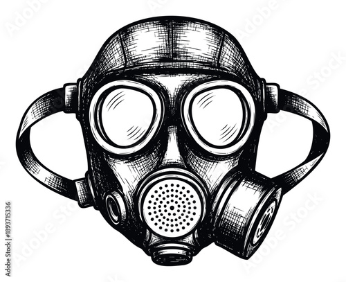 Gritty hand drawn protective respirator device for depicting safety protocols environmental risks emergency preparedness and survival themes