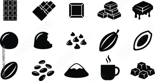Chocolate Silhouette Vector Set – Chocolate Bar Pieces Truffles Bonbon Cocoa Pod Cacao Beans