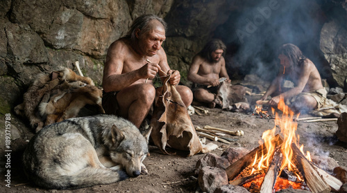 Neanderthal crafts clothing by fire inside cave.