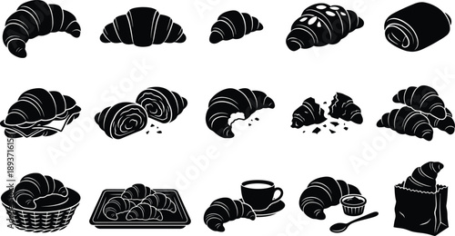 Croissant Silhouette Vector Set Design – French Bakery Croissants Butter Croissant Filled Croissant Sandwich Clean Black Collection