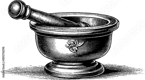 Vintage botanical apothecary mortar and pestle sketch for herbalist design