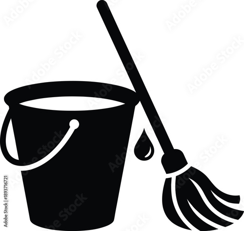 Floor Mop and Bucket Silhouette Vector – Cleaning Tools Wet Mop Water Drip