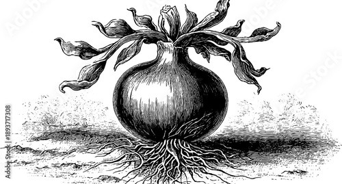 Vintage botanical sketch of onion bulb anatomy for educational design