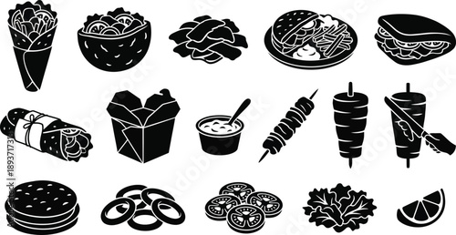 Gyro Silhouette Vector Set Design – Greek Gyros Wrap Pita Shawarma Spit Slices Ingredients Clean Black Street Food Collection

